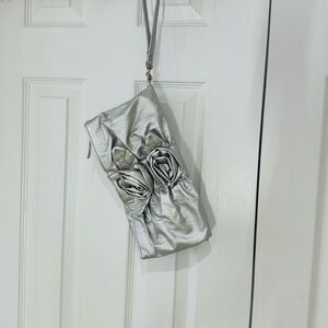 Silver Floral Accent Wristlet Clutch Foldover Pouch Rosettes